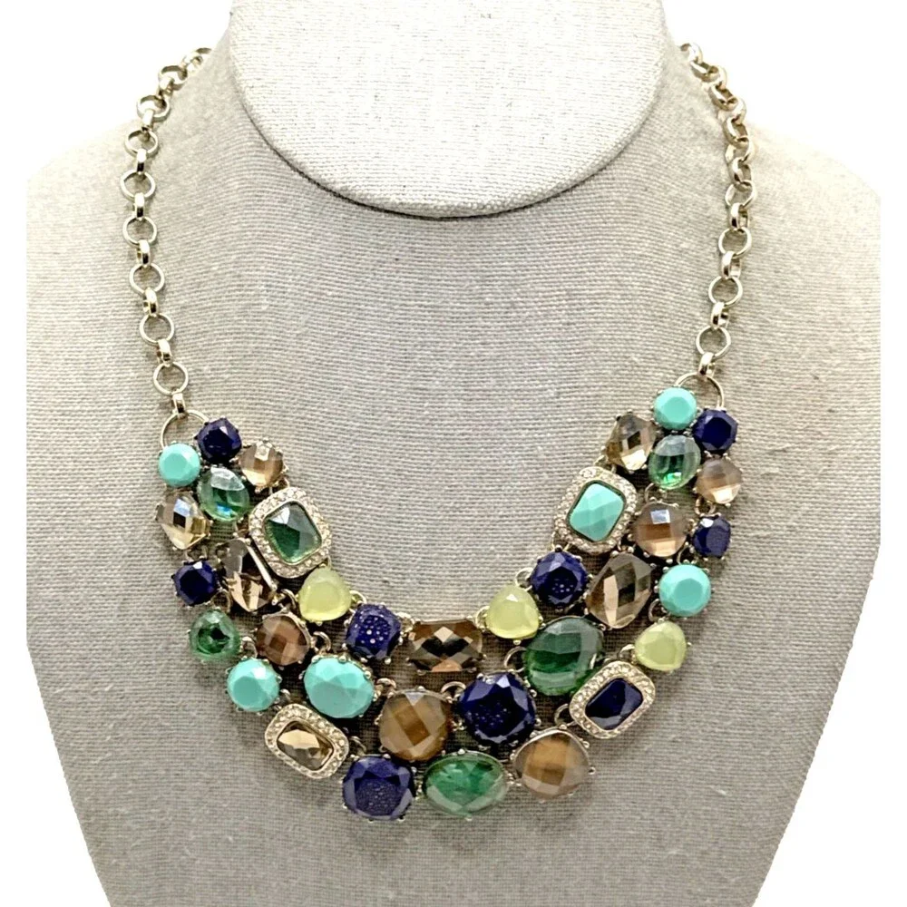 DANA BUCHMAN Teal Blue Beige Rhinestone Bib Necklace Multistrand 16